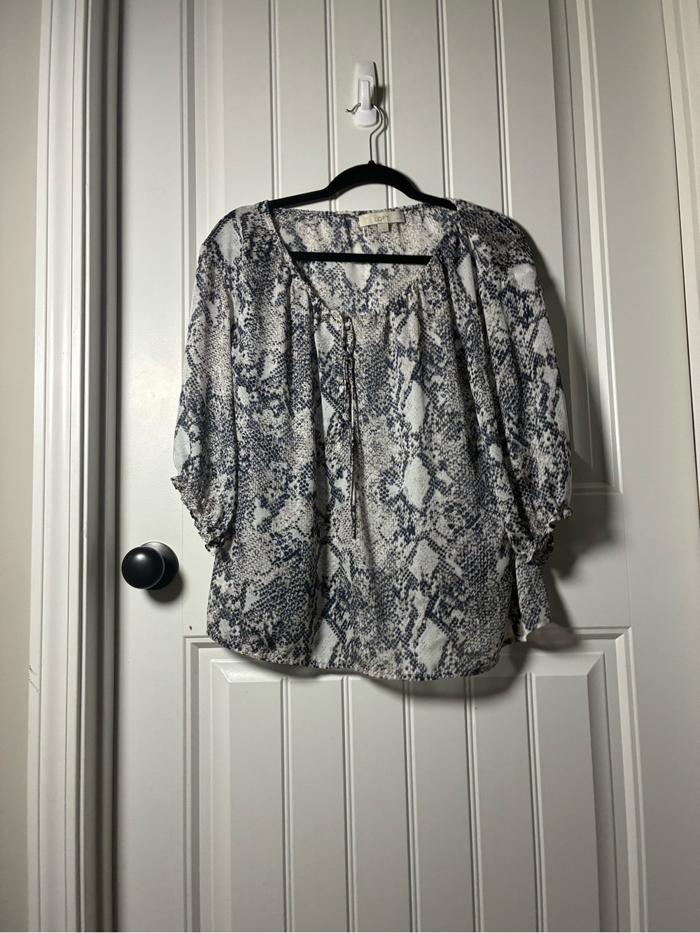 LOFT Snake-Print Peasant Blouse in White and Gray-Blue